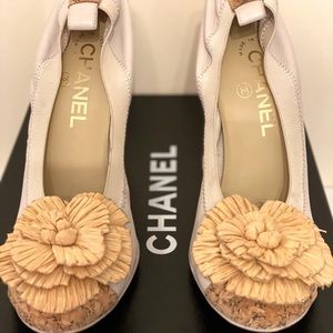 Authentic CHANEL Cork Raffia Camellia Elastic Heels